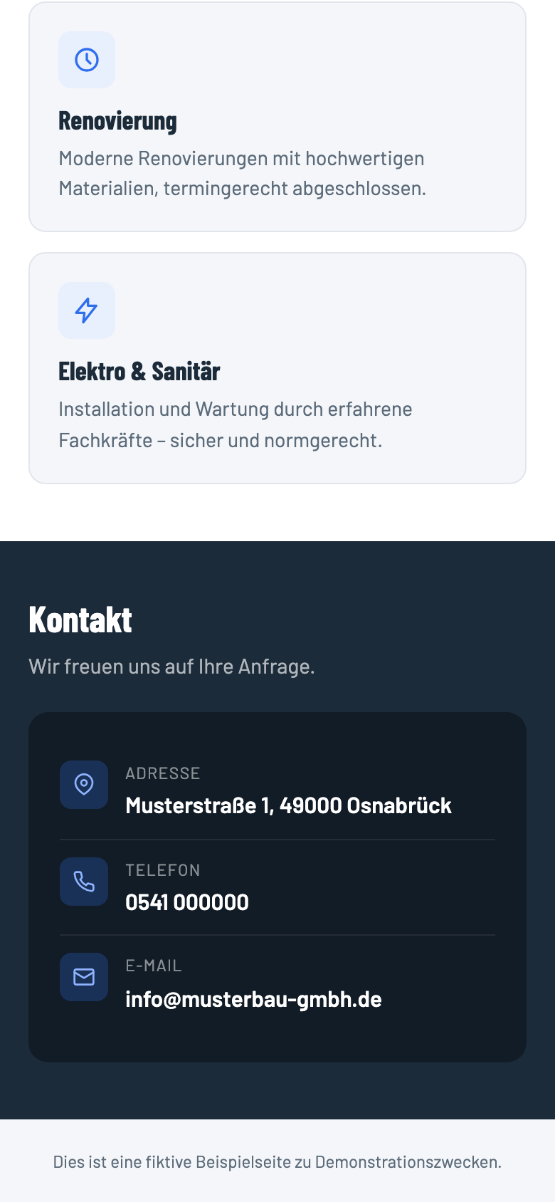 Beispiel-Website „Muster Bau GmbH“ – Kontakt auf dem Smartphone