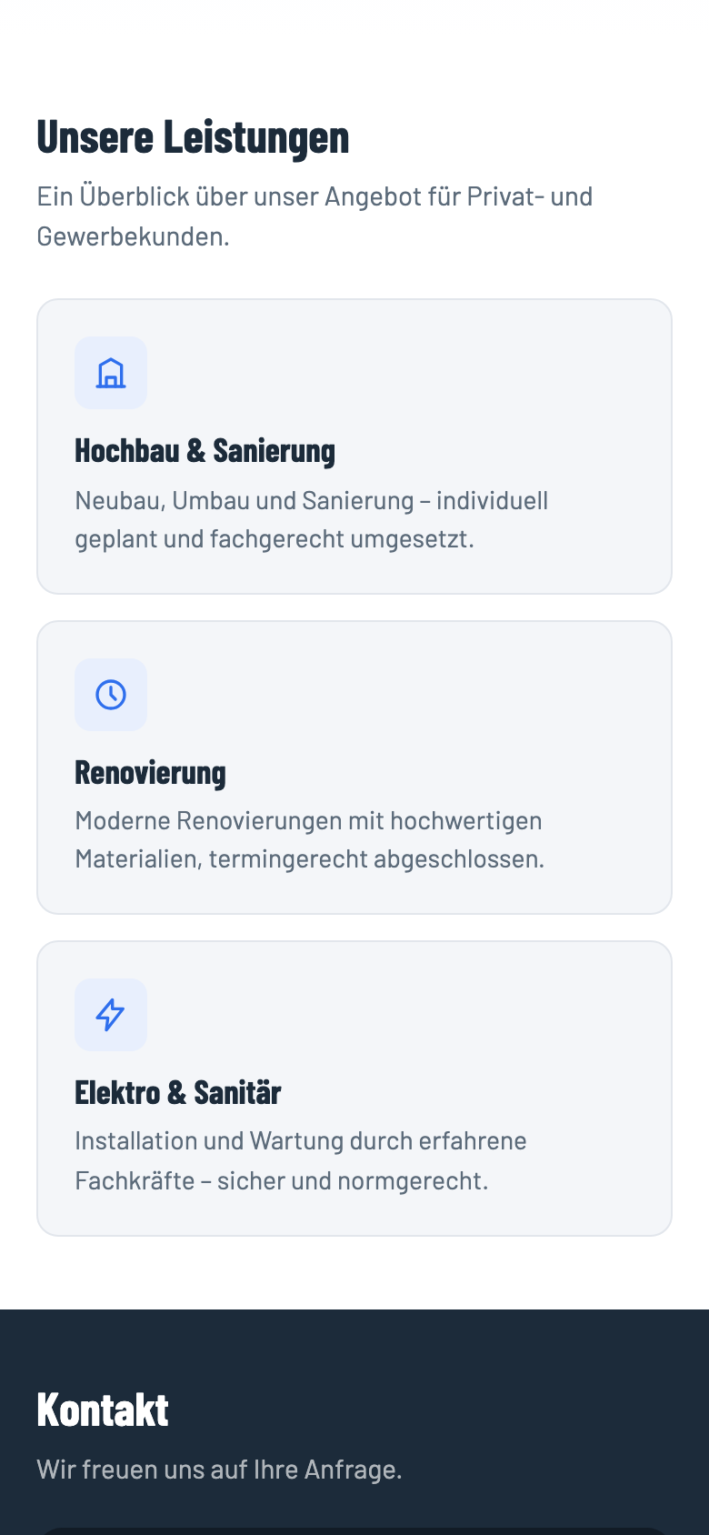 Beispiel-Website „Muster Bau GmbH“ – Leistungen auf dem Smartphone